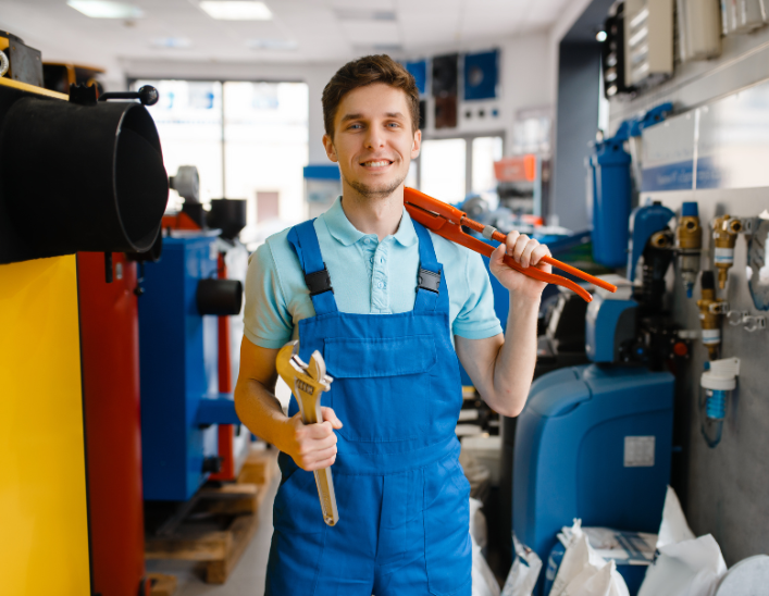 Electrician and plumber working together in a Riyadh workshop